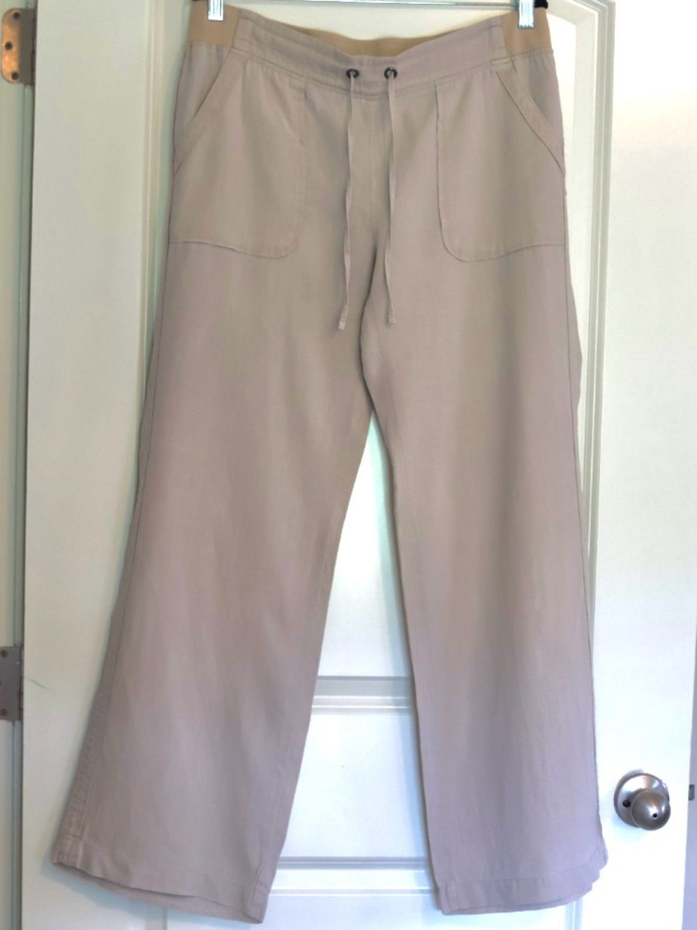 Athleta 100% Linen Drawstring Pants Size Large Beige Wide Leg